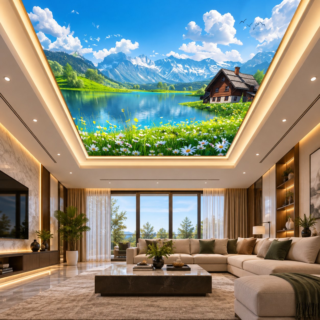 Mountain lake landscape ceiling design with snow covered mountains, blue lake and green valley for modern office