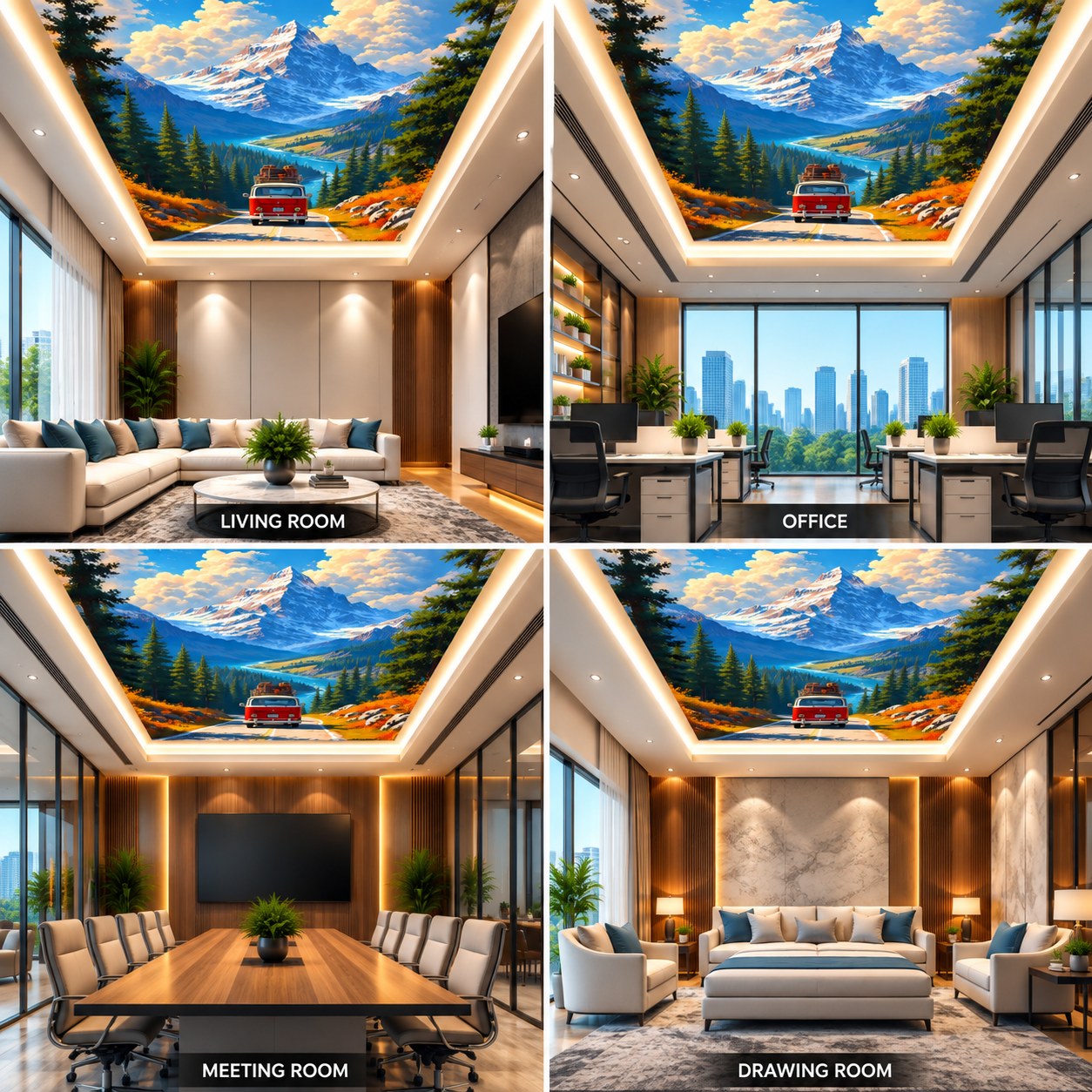 3D mountain landscape ceiling design with snowy peaks, scenic road and warm LED lighting in living room