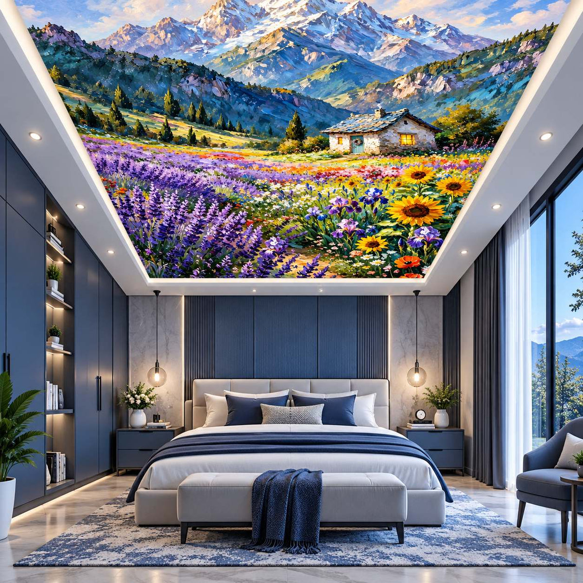 Scenic mountain sky ceiling mural with purple flowers, yellow sunflowers and green valleys in modern bedroom, dining room and office interiors.