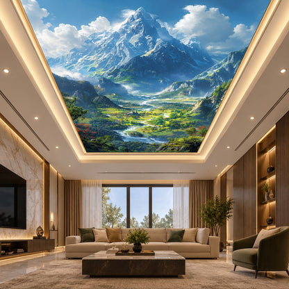 Realistic mountain landscape ceiling design with snowy peaks and green valley for modern office and home interiors