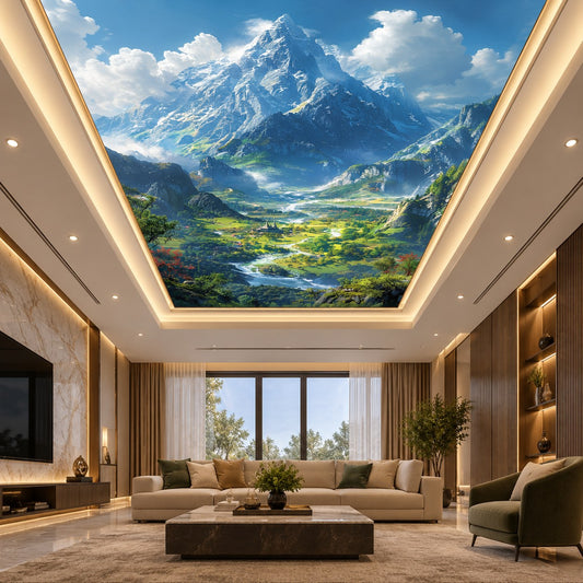 Realistic mountain landscape ceiling design with snowy peaks and green valley for modern office and home interiors