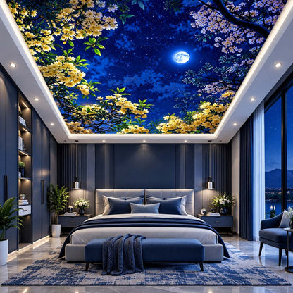 Moonlit sky ceiling mural with blooming trees for contemporary bedroom, dining room and office interiors.