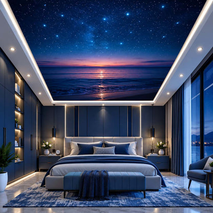 Ocean sunset ceiling mural with a starry blue sky and peaceful sea view for contemporary bedroom, dining room and office interiors.