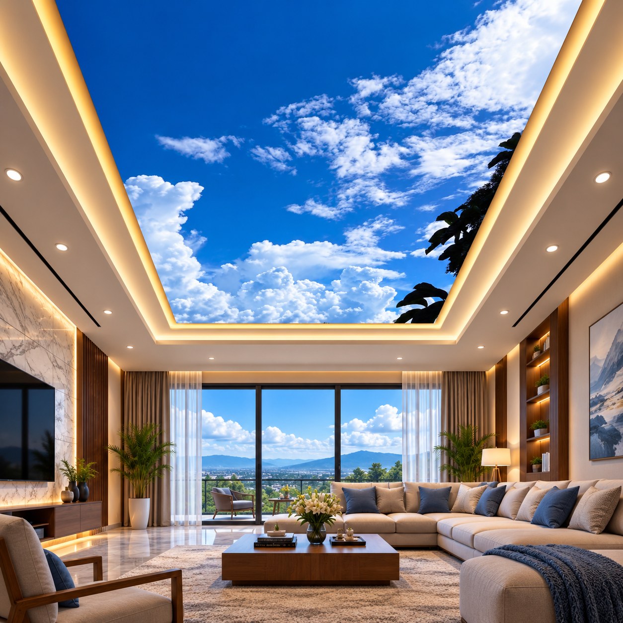 Realistic blue sky cloud ceiling design with warm LED lighting for office, bedroom and meeting room