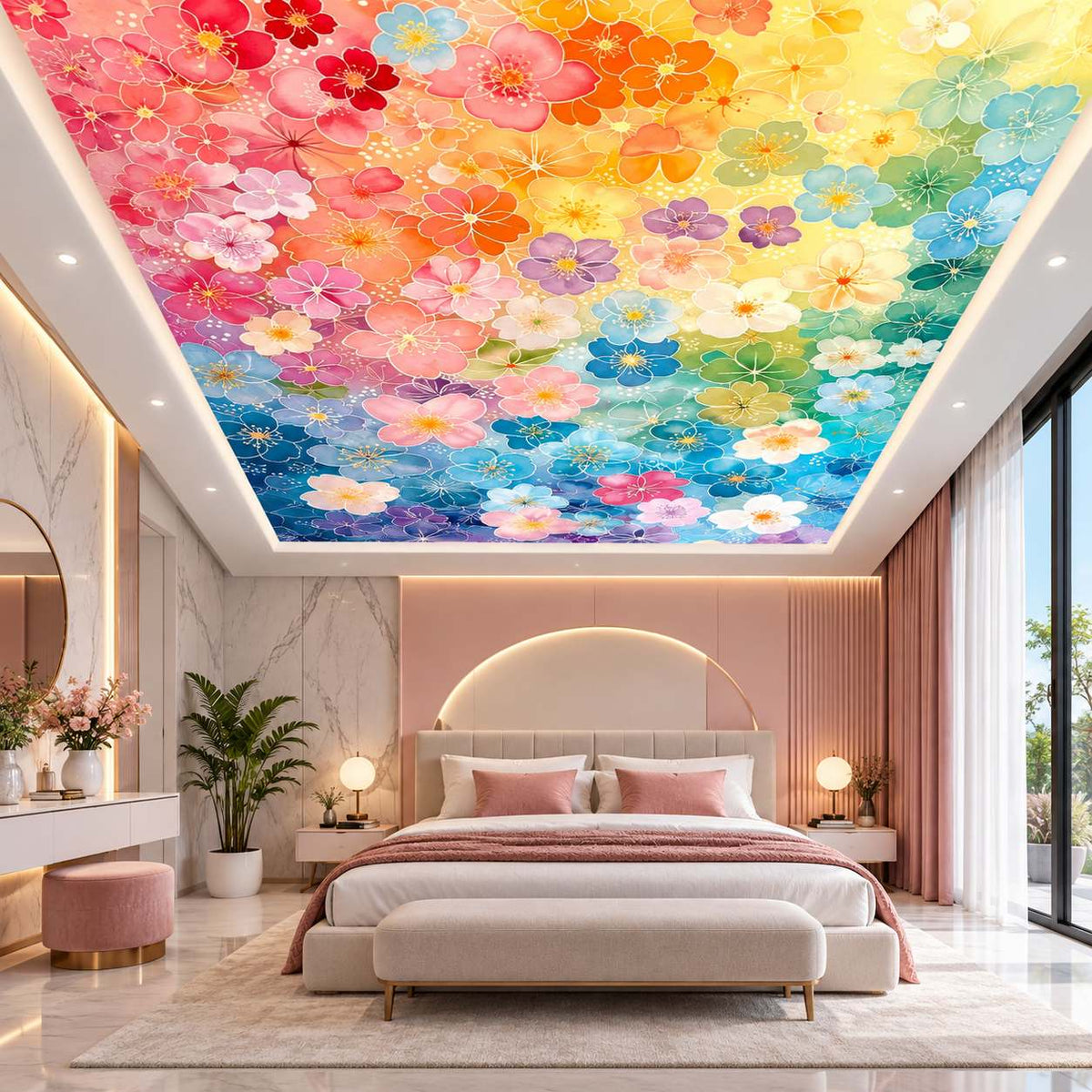 Multicolour flower ceiling wallpaper with soft pastel floral patterns for luxury bedroom, dining room and office interiors