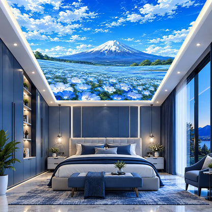 Scenic Mount Fuji ceiling mural with blue sky and lake view for bedroom, dining room and office interiors.