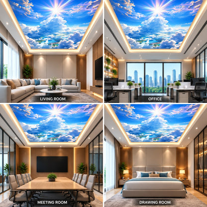 Realistic blue sky and cloud ceiling with sun rays and warm LED lighting in office and bedroom