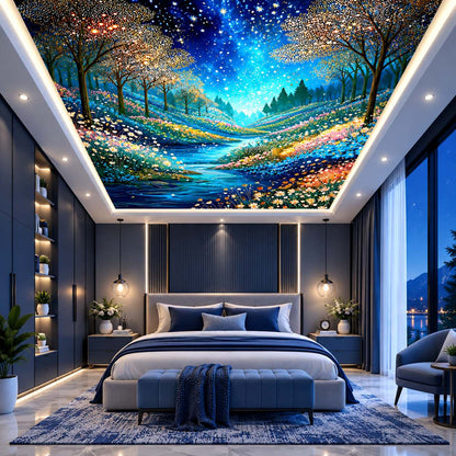 3D night sky ceiling mural with illuminated river, blossoming trees and stars for modern bedroom, dining room and office interiors.