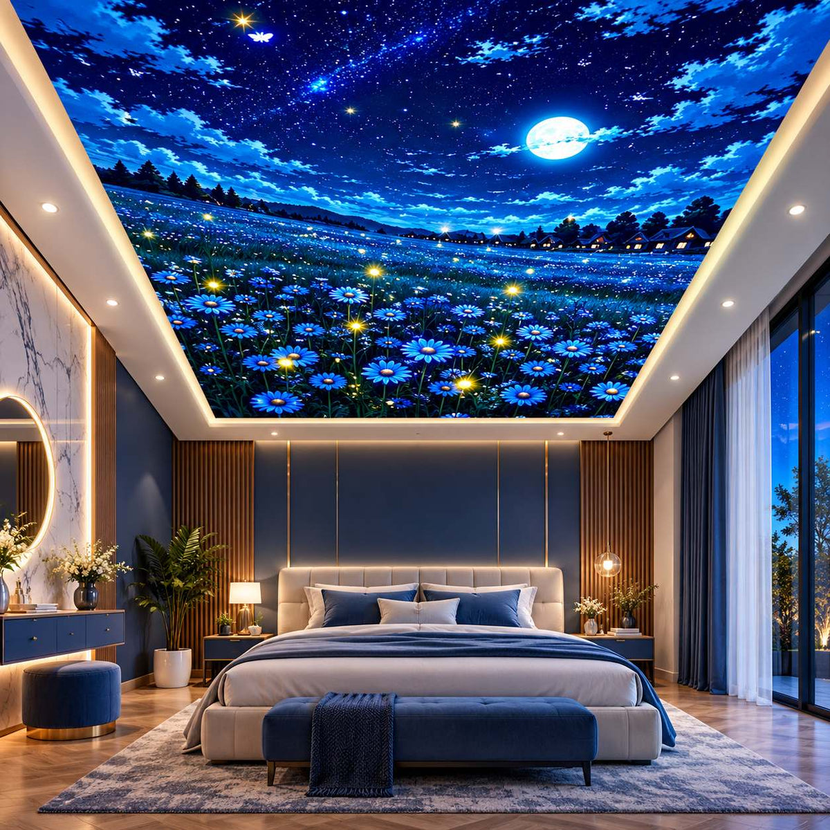 Moonlit lake ceiling mural with a deep blue starry sky, glowing water flowers and scenic nighttime landscape.
