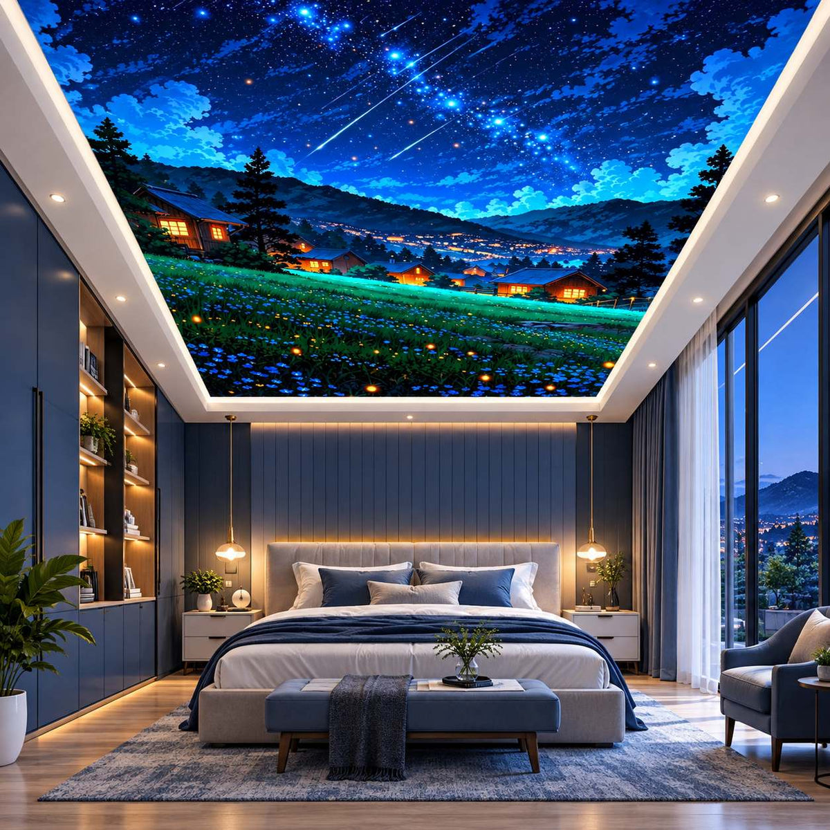 Night sky ceiling mural featuring stars, mountain scenery and a peaceful countryside view for modern interiors.