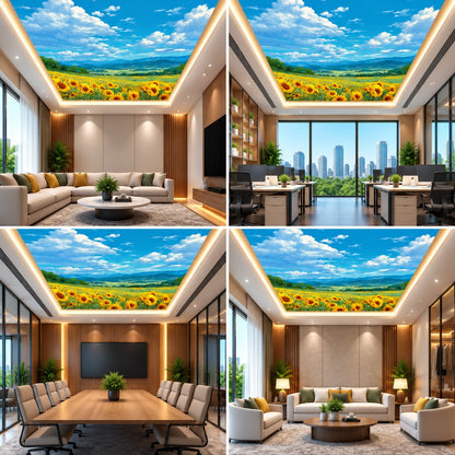 Sunflower landscape ceiling with blue sky and green fields for office, meeting room and drawing room