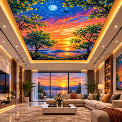Sunset landscape ceiling design with trees, moonlit sky and warm colors for office, bedroom and meeting room