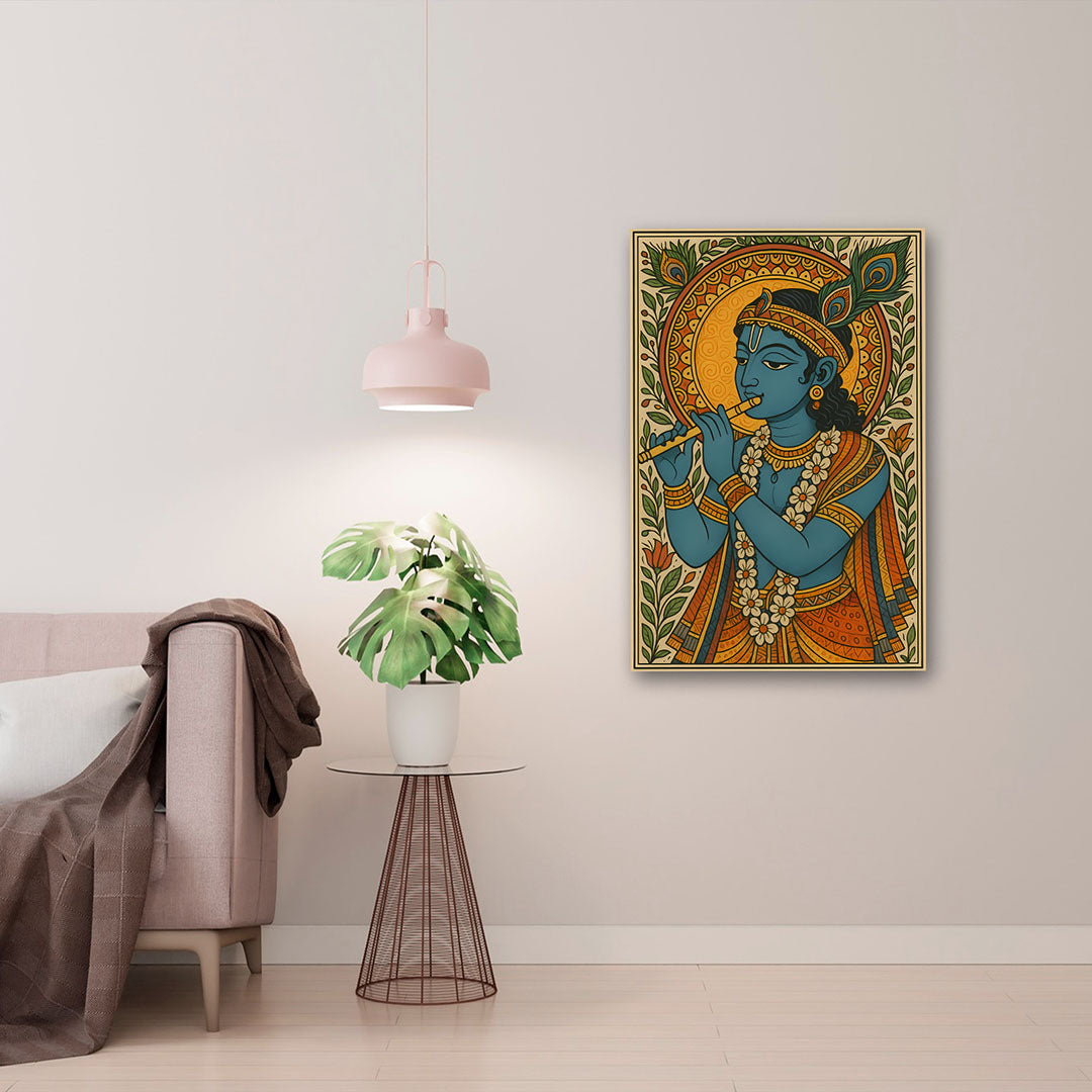 Lord Krishna Folk Art Canvas Painting – Traditional Flute Krishna Wall Art Canvas Painting Frame for Living Room