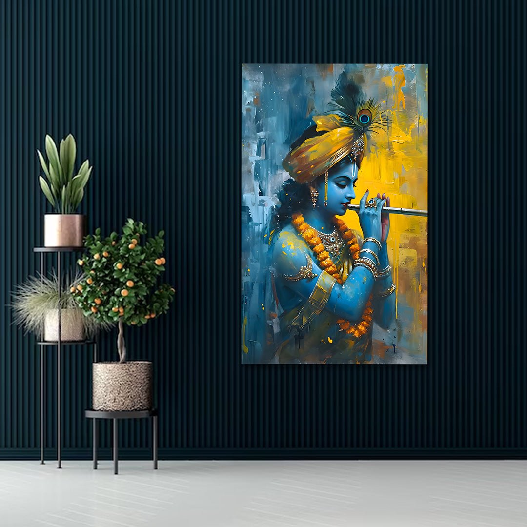 Lord Krishna Abstract Blue Canvas Painting Frame Modern Spiritual Wall Decor for Living Room
