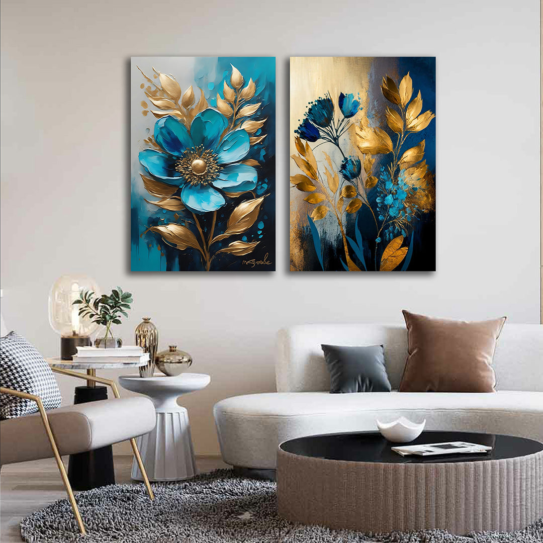 Teal Blue Gold Floral Canvas Painting Set of 2 Modern Wall Art (18 x 24 Inches Each Part)