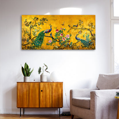 Royal Peacock Garden Canvas Wall Painting | Luxury Golden Floral Bird Artwork | Premium Statement Wall Decor