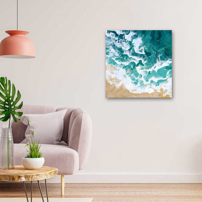 Ocean Wave Abstract Wall Painting | Teal Coastal Canvas Art for Modern Home Decor
