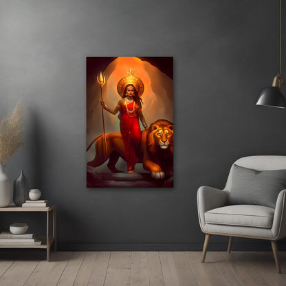 Maa Durga with Lion Divine Wall Painting | Spiritual Canvas Art for Home & Temple