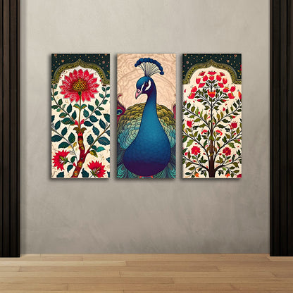 Peacock Madhubani Canvas Painting 3 Panel Wall Art for Living Room (12 x 24 Inches Each Part)