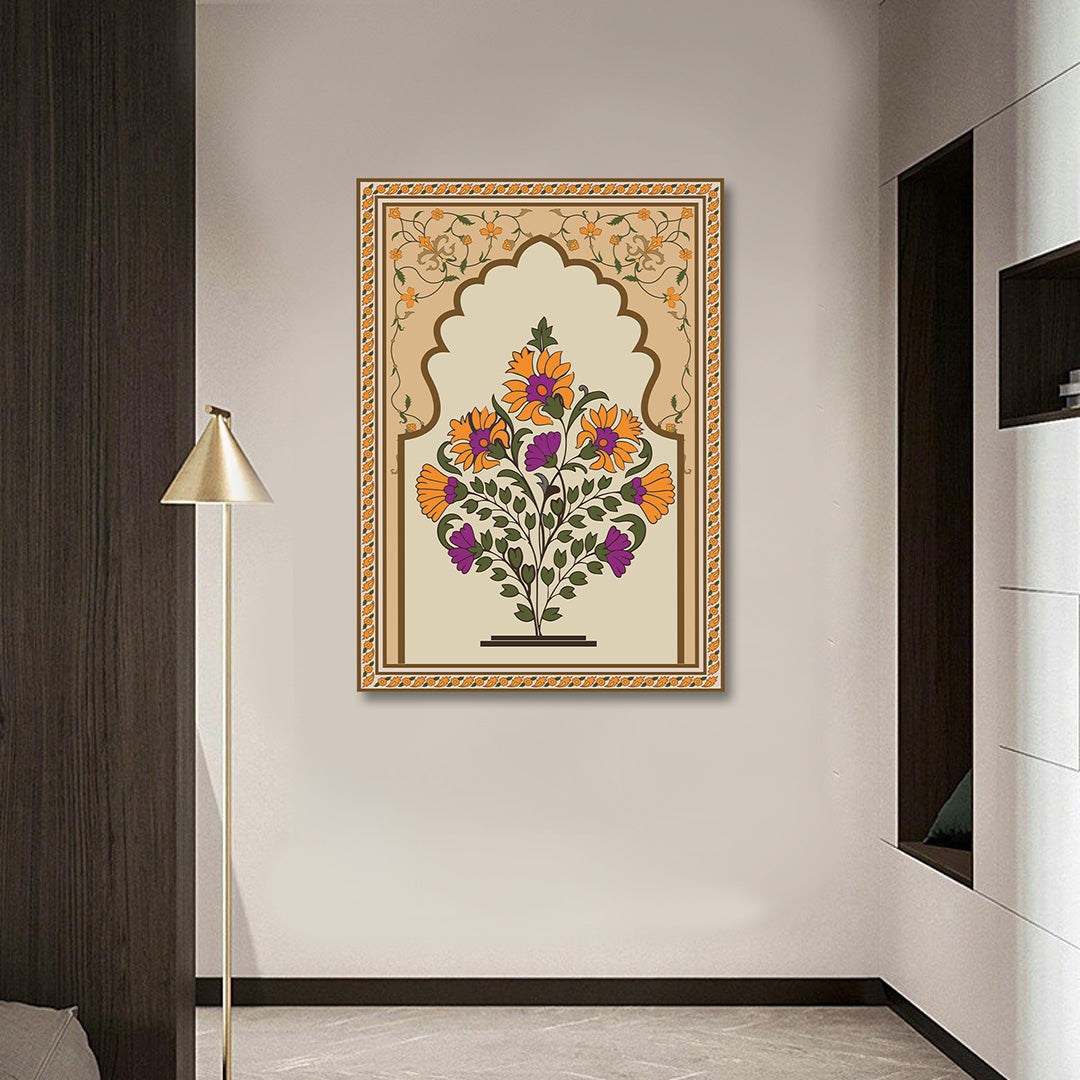 Floral Arch Canvas Wall Painting | Traditional Indian Botanical Artwork | Elegant Ethnic Wall Decor