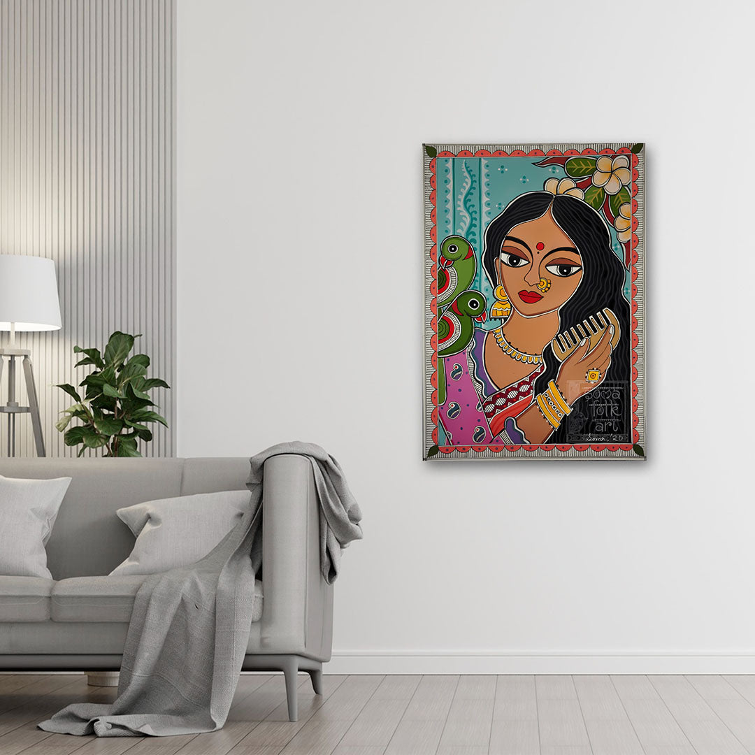 Indian Folk Art Woman Canvas Painting with Parrot – Traditional Ethnic Wall Art Canvas Painting Frame for Living Room
