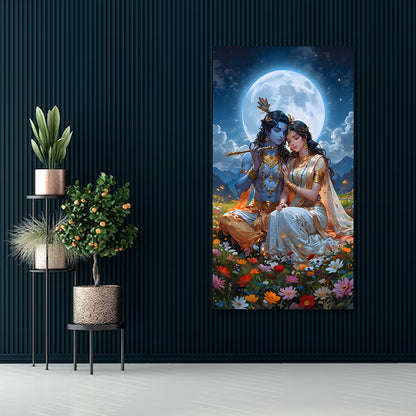 Radha Krishna Moonlight Canvas Painting Frame Romantic Spiritual Wall Decor for Living Room