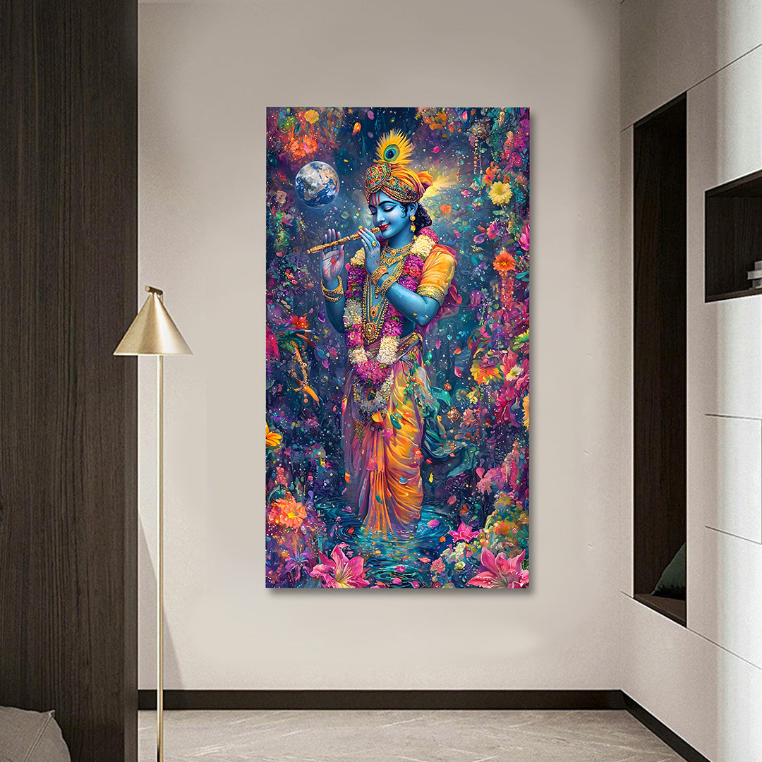 Lord Krishna Vibrant Floral Canvas Painting Frame Colorful Spiritual Wall Decor for Living Room
