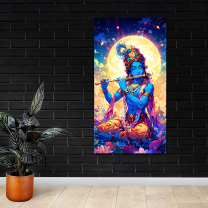 Lord Krishna Moonlight Canvas Painting Frame Vibrant Spiritual Wall Decor for Living Room