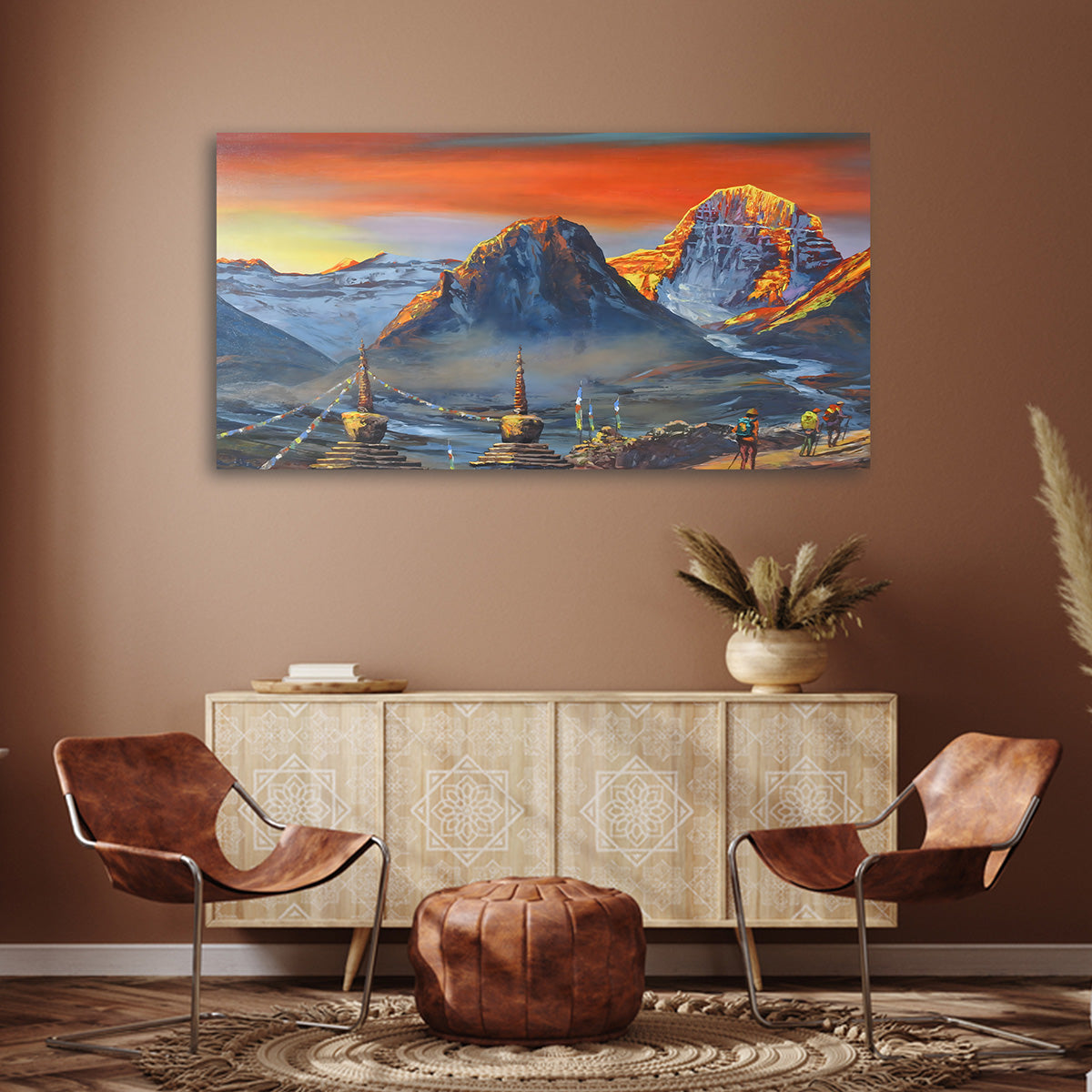 Himalayan Sunrise Landscape Canvas Painting with Snow Mountains & Prayer Flags – Large Size Canvas Wall Art for Living Room