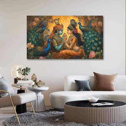Radha Krishna Canvas Painting Frame with Peacock Wall Decor for Living Room Spiritual Artwork