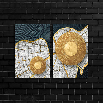 Gold Sunburst Abstract Canvas Painting Set of 2 Modern Wall Art (18 x 24 Inches Each Part)