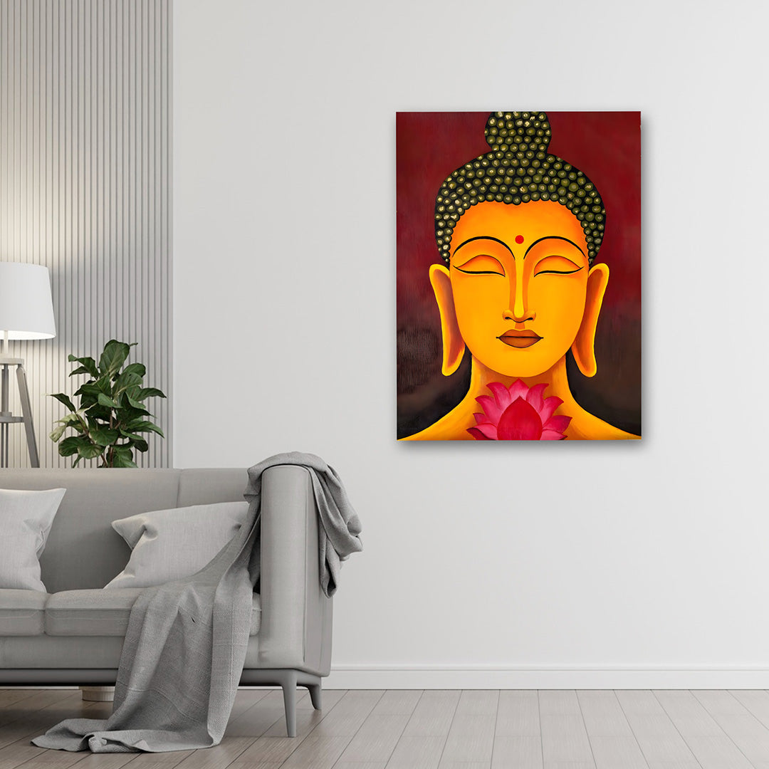 Golden Buddha Face with Lotus Wall Painting | Spiritual Canvas Art for Home Decor