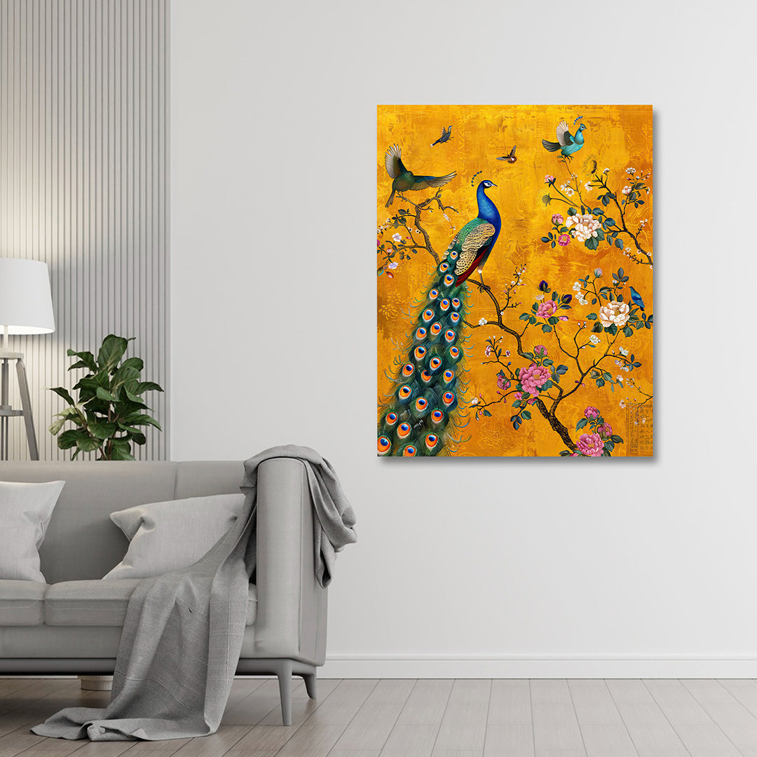 Royal Peacock Floral Canvas Wall Painting | Luxury Bird Artwork with Golden Background | Premium Decorative Wall Art
