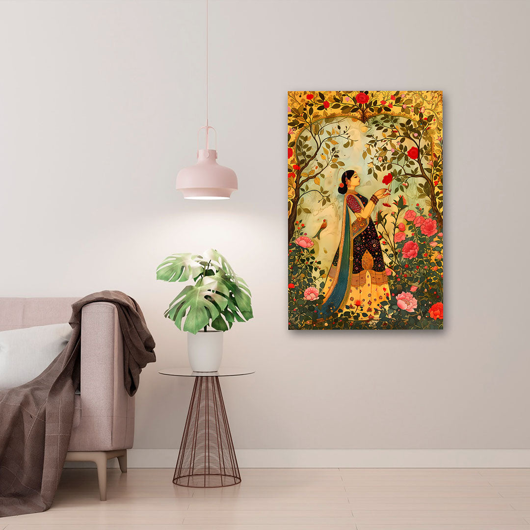 Traditional Indian Woman Garden Canvas Painting – Floral Ethnic Wall Art Canvas Painting Frame for Living Room