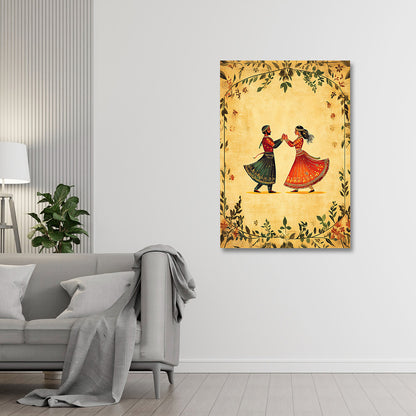 Traditional Rajasthani Couple Dance Canvas Wall Painting | Folk Art Romantic Artwork | Premium Ethnic Wall Decor