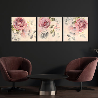 Elegant Floral Wall Art Set of 3 Panels | Vintage Rose Canvas Painting | Soft Pastel Flower Acrylic UV Printed Wall Decor (18 x 18 Inches Each Part)