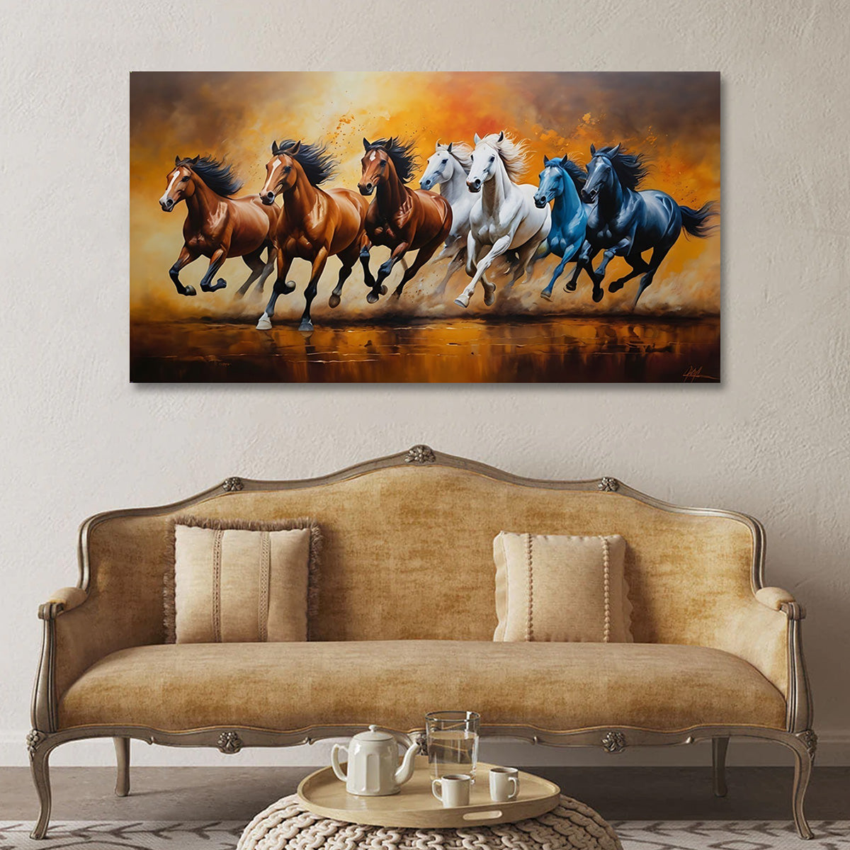 Running Horses Canvas Wall Art | Majestic Galloping Horse Painting | Dynamic Modern Wall Decor