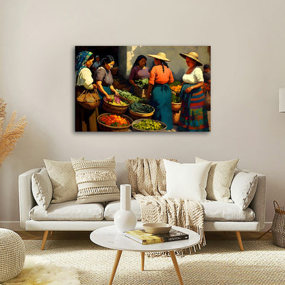 Traditional Market Scene Wall Painting | Cultural Canvas Art for Living Room Decor
