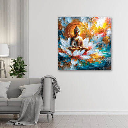 Buddha Sitting on Lotus Wall Painting | Spiritual Canvas Art for Peaceful Home Decor