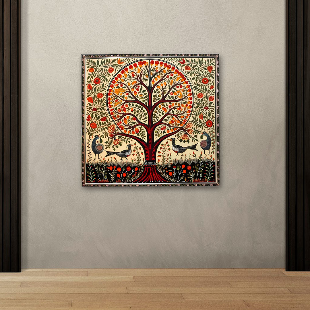 Tree of Life Madhubani Canvas Wall Art | Traditional Indian Folk Nature Painting for Home Decor