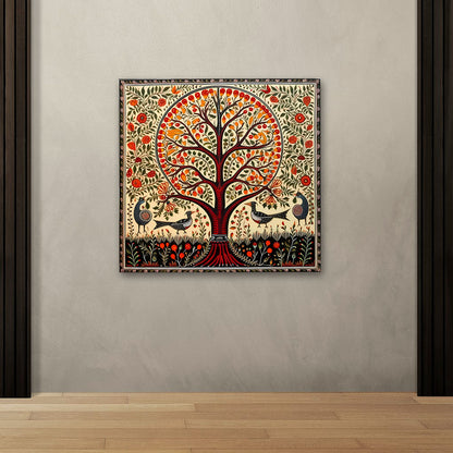 Tree of Life Madhubani Canvas Wall Art | Traditional Indian Folk Nature Painting for Home Decor