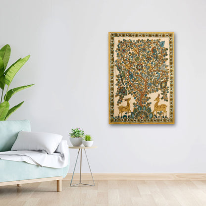 Traditional Tree of Life Canvas Painting with Deer & Birds – Ethnic Kalamkari Style Wall Art Canvas Painting Frame for Living Room