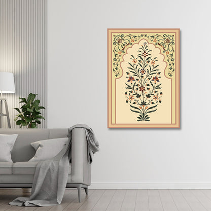 Floral Arch Canvas Wall Painting | Mughal Inspired Botanical Artwork | Elegant Traditional Wall Decor
