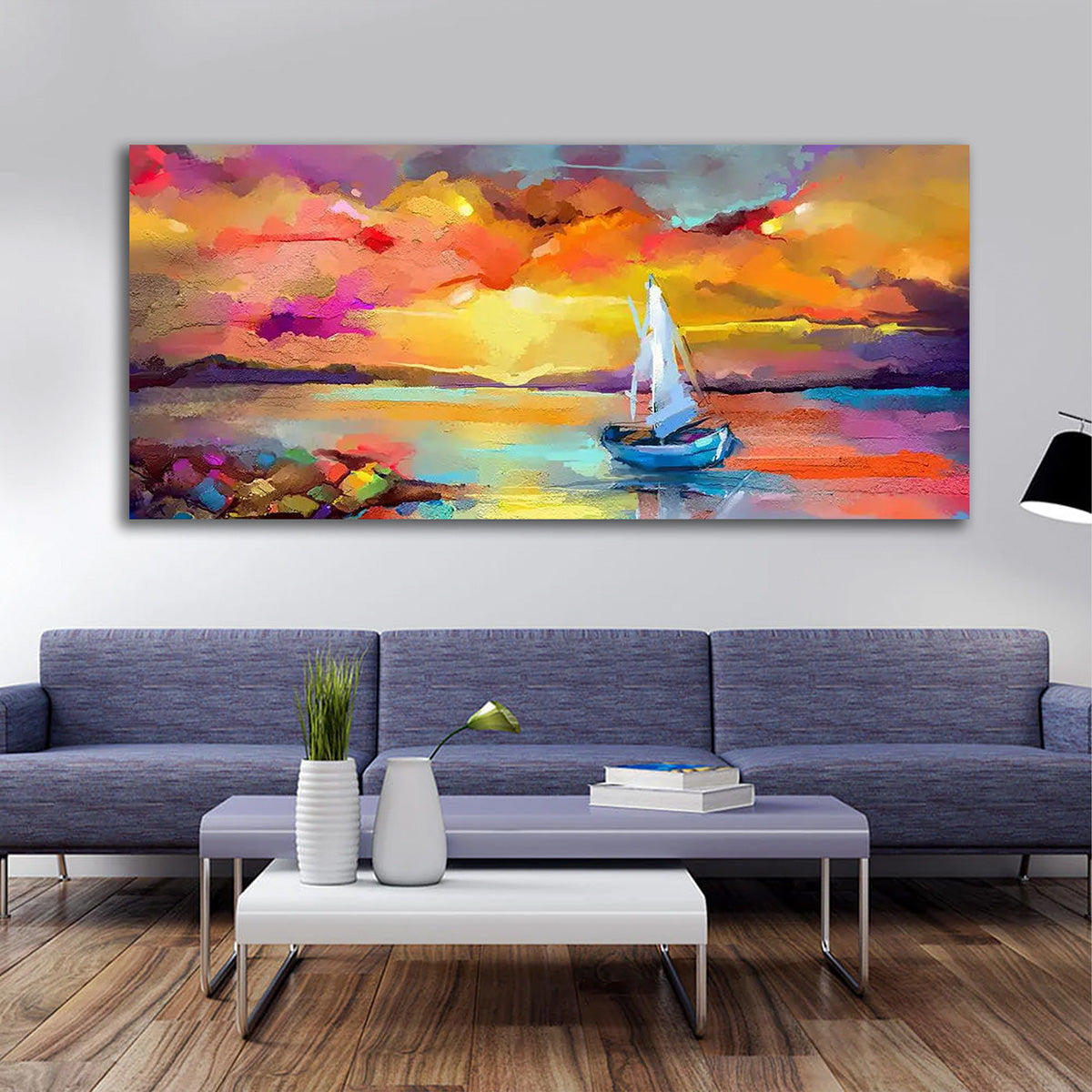 Colorful Sunset Sailboat Canvas Wall Art Seascape Painting