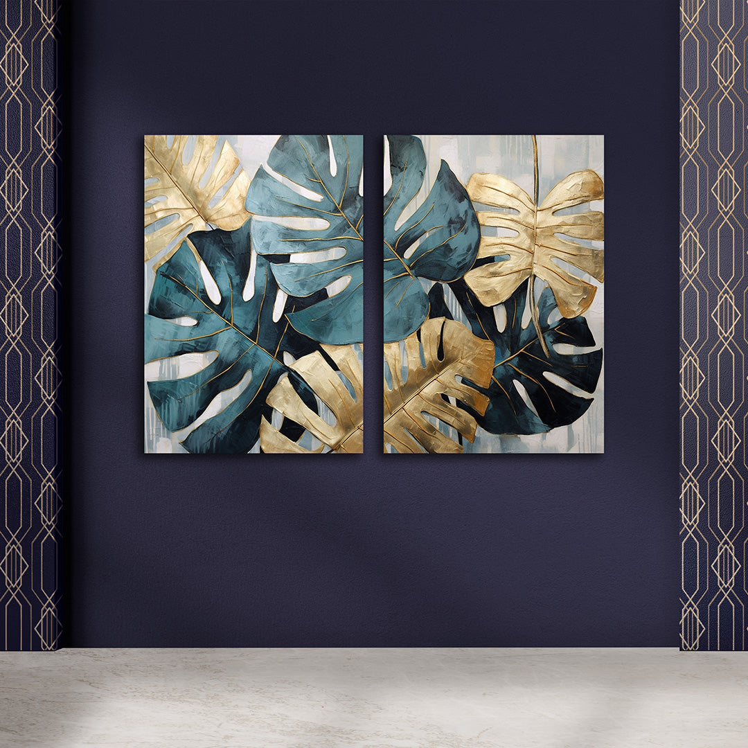 Monstera Leaf Canvas Wall Art 2 Panel Botanical Painting Decor (18 x 24 Inches Each Part)