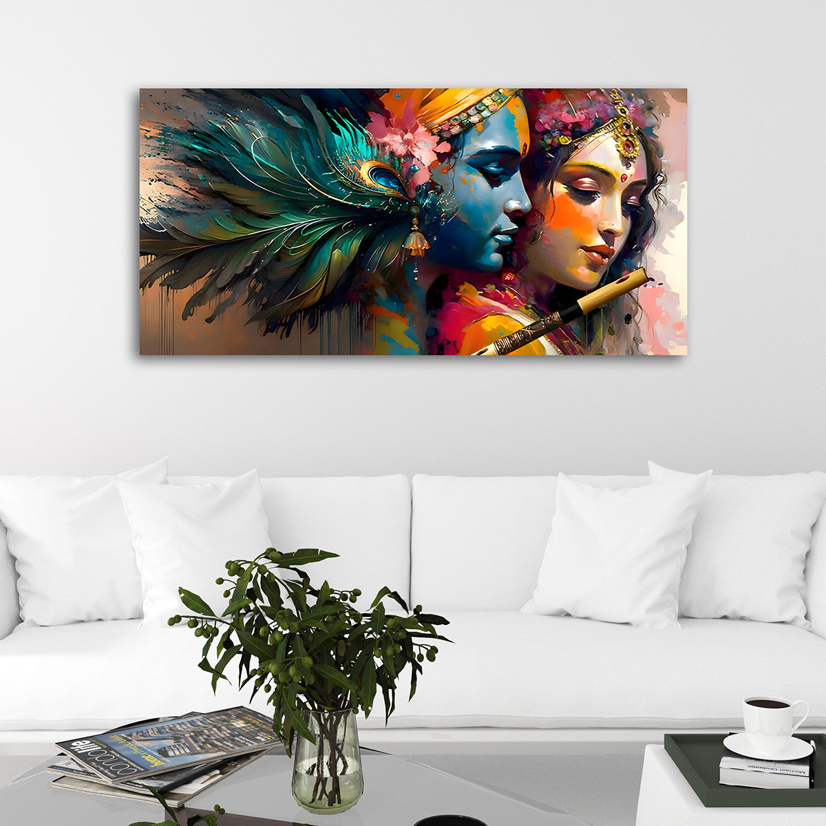 Radha Krishna Abstract Wall Painting with Peacock Feather | Romantic Spiritual Canvas Art for Home Decor