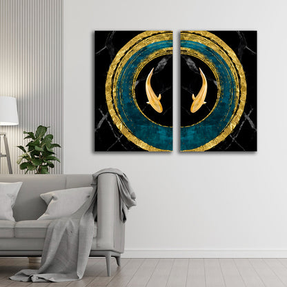 Abstract Gold Koi Fish Circle Canvas Painting Wall Art Set – Frame for Living Room (18 x 24 Inches Each Part)