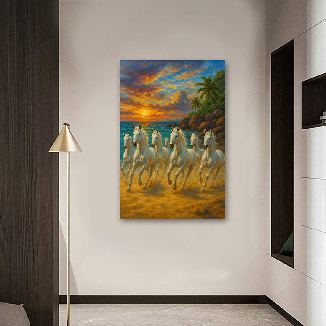 Running White Horses Wall Painting | Sunset Beach Landscape Canvas Art for Home Decor
