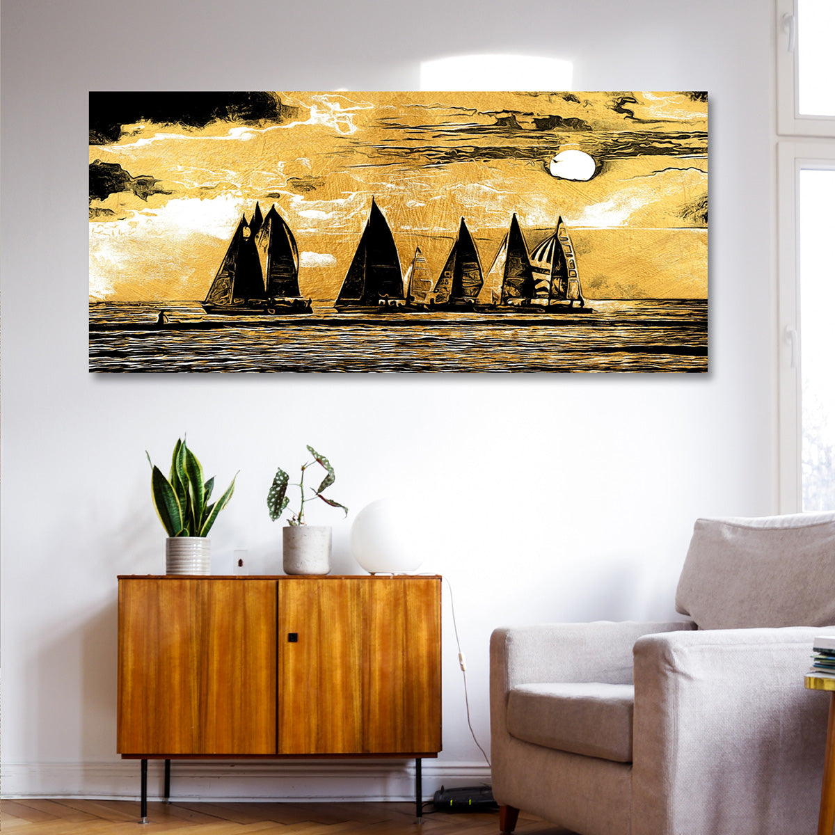 Golden Sailboat Sunset Canvas Wall Art Seascape Painting for Living Room