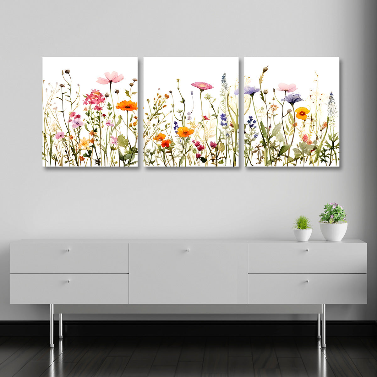 Wildflower Meadow Wall Art Set of 3 Panels | Colorful Floral Canvas Painting | Acrylic UV Printed Wall Decor for Living Room Bedroom (18 x 24 Inches Each Part)